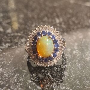 Elegant Opal and Blue Gemstone Silver Ring